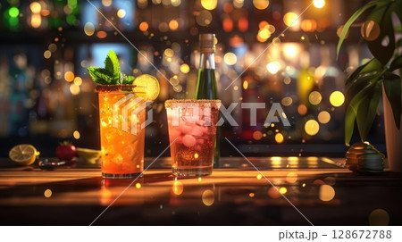 Chilled lemon and grapefruit cocktails with crushed ice arranged on a wooden bar, horizontal banner showcasing daiquiris and spritzes decorated with mint leaves and citrus zest Chilled lemon and grapefruit cocktails with crushed ice arranged on a wooden bar, horizontal banner showcasing daiquiris and spritzes decorated with mint leaves and citrus zest 128672788