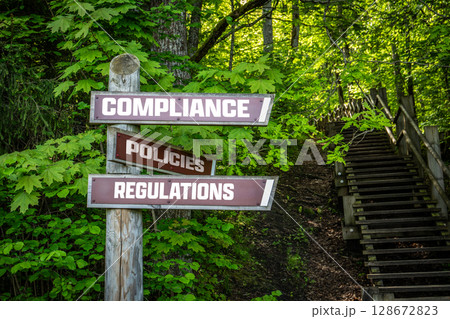 Compliance, Policies, and Regulations Concept Signpost in Forest Environment 128672823