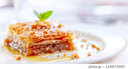 Slice of homemade baklava topped with mint leaf and crushed nuts, served on white plate, showcasing warm, authentic flavors of local restaurant specializing in traditional cuisine and home cooking Slice of homemade baklava topped with mint leaf and crushed nuts, served on white plate, showcasing warm, authentic flavors of local restaurant specializing in traditional cuisine and home cooking 128673085