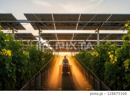 Vineyard farmer drives tractor through rows of grapes under solar panels at sunset 128673108