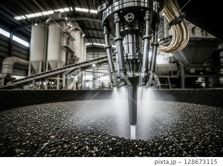 Close-up of a concrete plant nozzle injecting material in an industrial facility 128673115