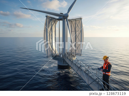 Offshore wind engineer capturing data on catwalk with fold out sails in clear blue waters 128673119