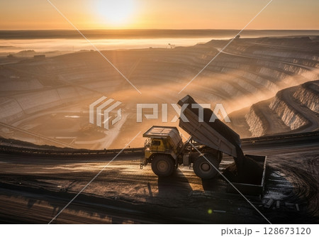 Dawn breaks over oil sands site as haul truck dumps bitumen amidst surreal fog and vast excavation 128673120