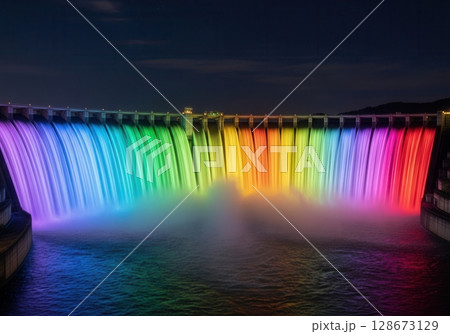 Colorful LED display enhances water flow at a night spillway in the dam 128673129