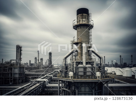 Cloudy capture retrofit on refinery stack with industrial backdrop 128673130