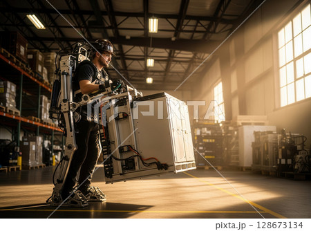Worker employs exoskeleton to lift heavy battery module in warm warehouse setting 128673134