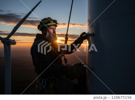 Grey-bearded climber ascends wind turbine at dawn with rugged determination 128673156