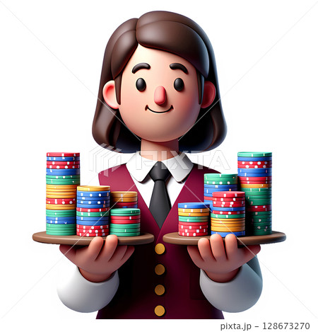 Female casino dealer in vest holding stacks of poker chips, 3d illustration of gambling profession Female casino dealer in vest holding stacks of poker chips, 3d illustration of gambling profession 128673270