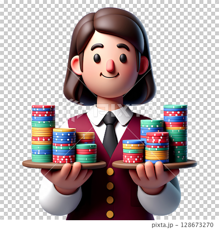 Female casino dealer in vest holding stacks of poker chips, 3d illustration of gambling profession Female casino dealer in vest holding stacks of poker chips, 3d illustration of gambling profession 128673270