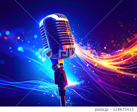 Futuristic Neon Microphone Close-Up. Abstract Audio Concept Illustration Futuristic Neon Microphone Close-Up. Abstract Audio Concept Illustration 128673413