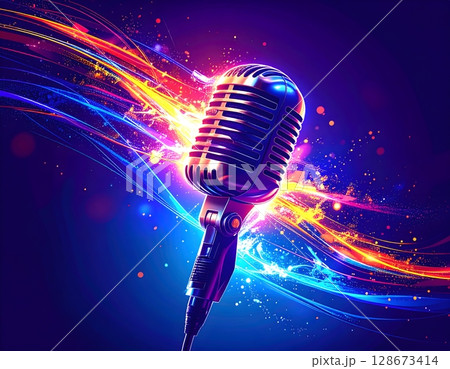 Futuristic Neon Microphone Close-Up. Abstract Audio Concept Illustration Futuristic Neon Microphone Close-Up. Abstract Audio Concept Illustration 128673414