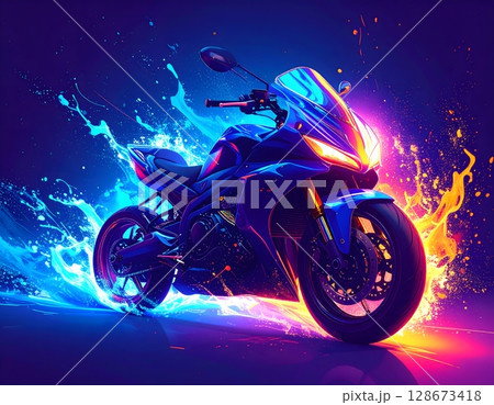 Futuristic Neon Motorcycle Close-Up. Abstract Concept Art Illustration Futuristic Neon Motorcycle Close-Up. Abstract Concept Art Illustration 128673418