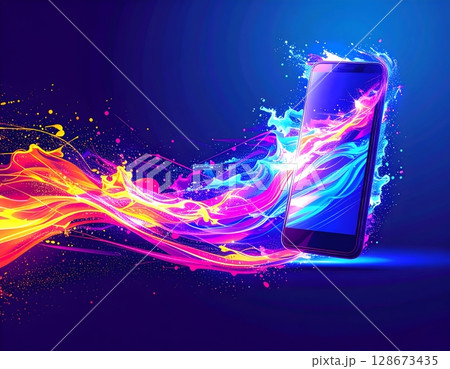 Futuristic Neon Smartphone Close-Up. Abstract Digital Device Illustration Futuristic Neon Smartphone Close-Up. Abstract Digital Device Illustration 128673435