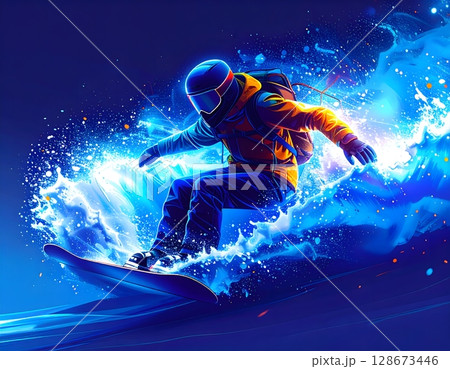 Futuristic Neon Snowboarder Illustration. Abstract Winter Sports Concept 128673446