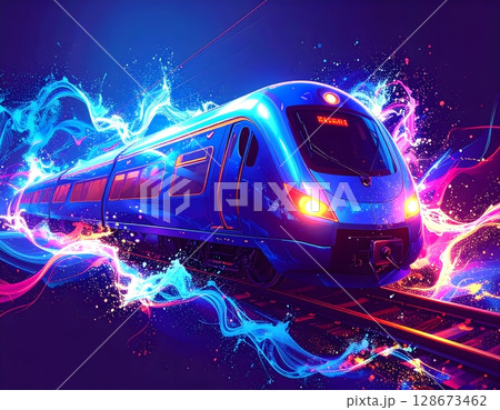 Futuristic Neon Train Close-Up. Abstract Transportation Concept Illustration 128673462