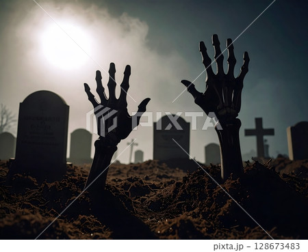 Haunted Cemetery with Hands Rising Scene 128673483