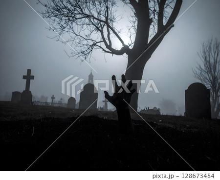 Haunted Cemetery with Hands Rising Scene 128673484
