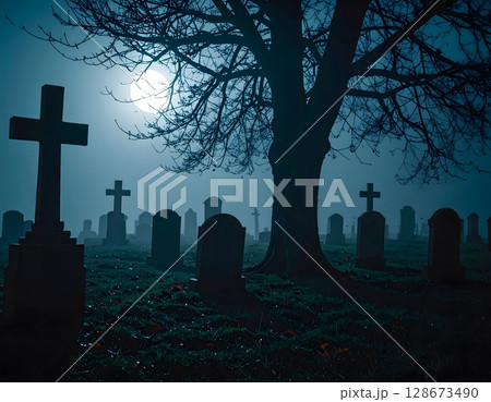 Haunted Cemetery with Hands Rising Scene 128673490