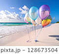 Iridescent Balloons on Tropical Beach Scene 128673504