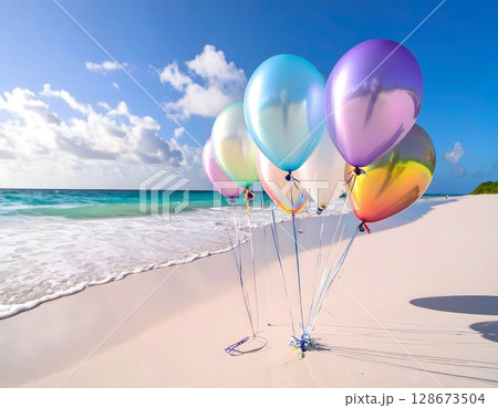 Iridescent Balloons on Tropical Beach Scene Iridescent Balloons on Tropical Beach Scene 128673504