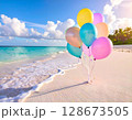 Iridescent Balloons on Tropical Beach Scene 128673505