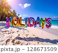 Iridescent Holidays Balloons on Tropical Beach 128673509