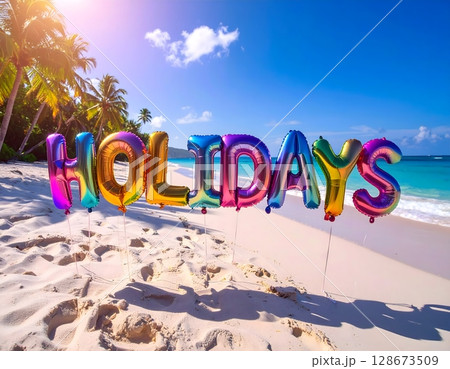 Iridescent Holidays Balloons on Tropical Beach 128673509