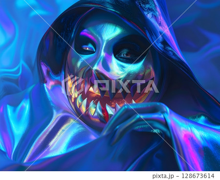 Sinister Pumpkin Grin Close-Up Scene 128673614