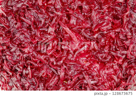Vegetable background with close up of boiled grated beets. Vegan and vegetarian background 128673675