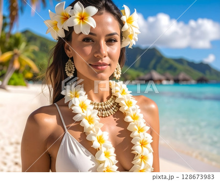 Beautiful Woman on Tropical Beach 128673983