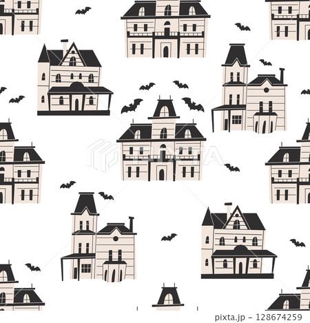 A seamless pattern with spooky gothic house. Vintage haunted mansions with black roof and beige walls. Halloween background 128674259
