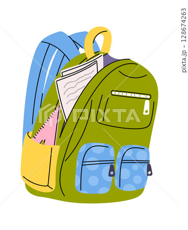 Opened student bag with accessories 128674263
