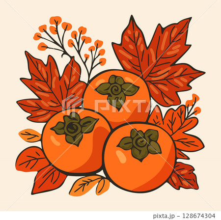 Persimmon and autumn leaves. Autumn floral composition. Vector isolated illustration 128674304