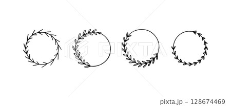 Botanical Circle Frame. Botanical Circle Frame with hand-drawn foliage and flowers forming a refined and nature-inspired decorative border. Botanical Circle Frame. Botanical Circle Frame with hand-drawn foliage and flowers forming a refined and nature-inspired decorative border. 128674469