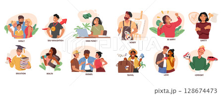 Basic human needs set representing people and their life pleasures, self-realization and well-being 128674473