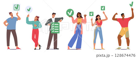 Diverse people cartoon characters rejoicing completed task with done marks checkboxes isolated set Diverse people cartoon characters rejoicing completed task with done marks checkboxes isolated set 128674476