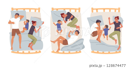Happy family sleeping together with their baby lying on bed in different pose isolated set on white 128674477