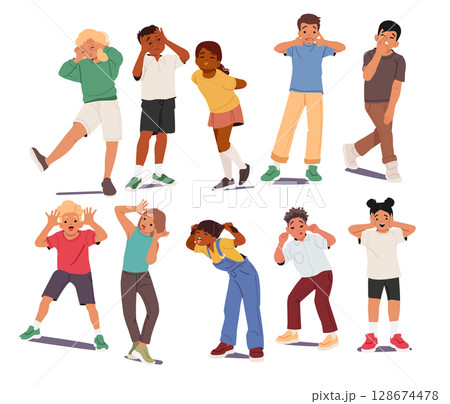 Funny grimacing children cartoon characters with taunting facial expression laughing, fooling around 128674478