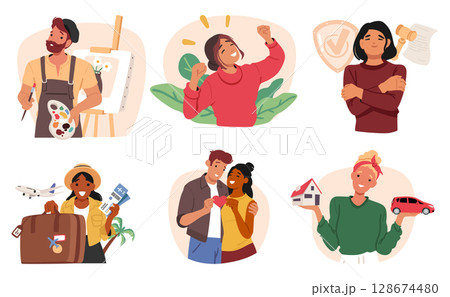 People self-realization through closed basic human needs vector illustration isolated cartoon set People self-realization through closed basic human needs vector illustration isolated cartoon set 128674480
