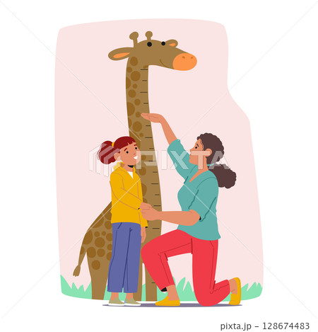 Happy mother and daughter walking in park deciding to check up kid height with ruler cartoon scene 128674483
