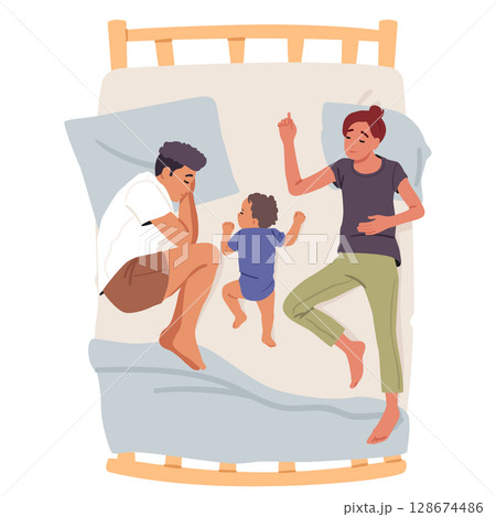 Tired parents sleeping with little newborn baby in bed having sweet dream and idyllic rest time 128674486