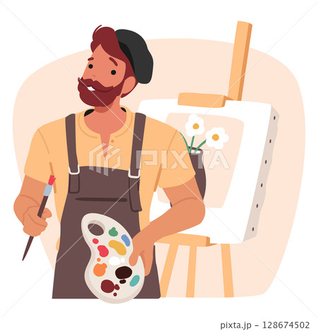 Man artist cartoon character enjoying painting hobby realizing basic human needs vector illustration 128674502