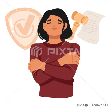 Young smiling woman cartoon character feeling safe and protected under law vector illustration Young smiling woman cartoon character feeling safe and protected under law vector illustration 128674514