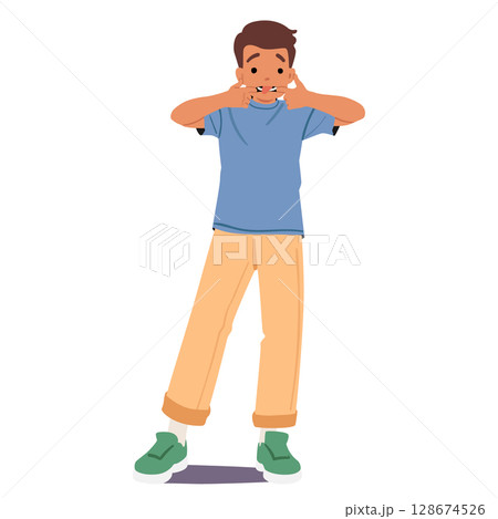 Cute grimacing boy child cartoon character mocking showing tongue feeling playful and mischievous Cute grimacing boy child cartoon character mocking showing tongue feeling playful and mischievous 128674526