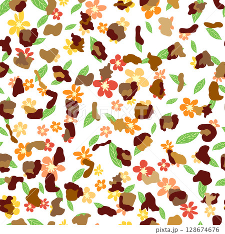 Leopard print with flowers and palm leaves. 128674676