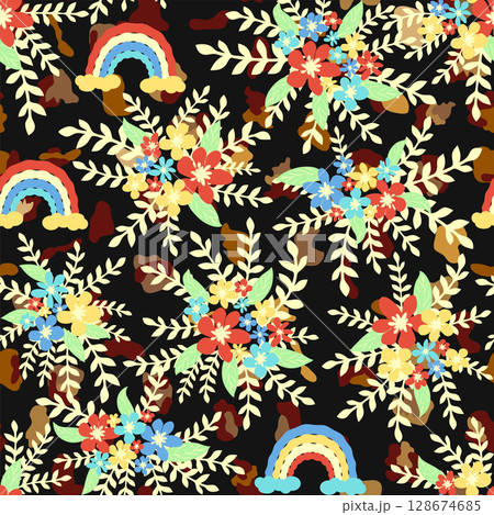 Leopard print with flowers and palm leaves. 128674685