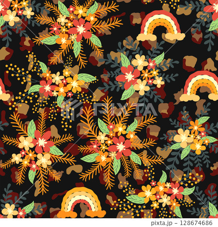 Leopard print with flowers and palm leaves. 128674686