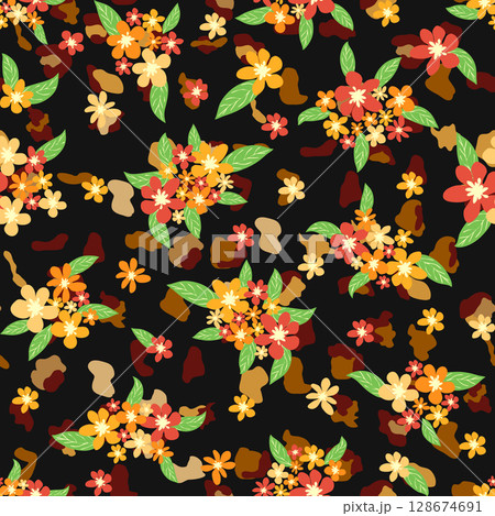 Leopard print with flowers and palm leaves. 128674691