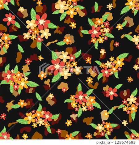 Leopard print with flowers and palm leaves. Leopard print with flowers and palm leaves. 128674693