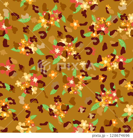 Leopard print with flowers and palm leaves. 128674696